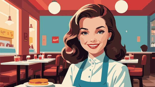 Vector retro vintage background with an american woman and restaurant background