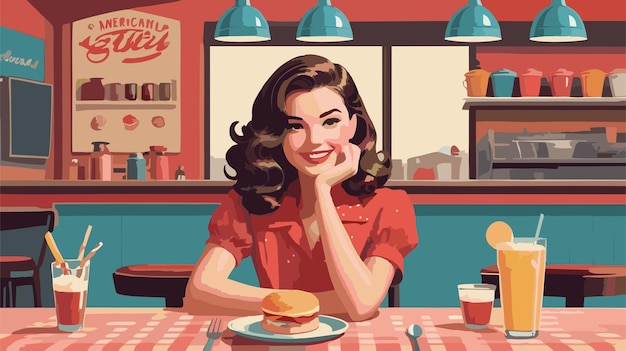 retro vintage background with an american woman and restaurant background