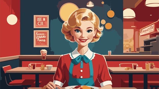 retro vintage background with an american woman and restaurant background