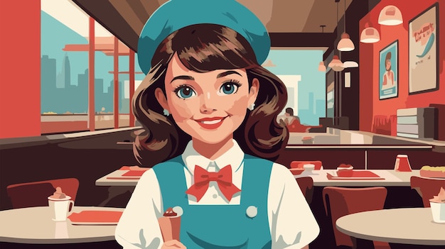 Vector retro vintage background with an american woman and restaurant background