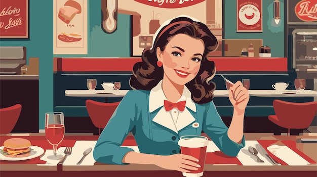 retro vintage background with an american woman and restaurant background