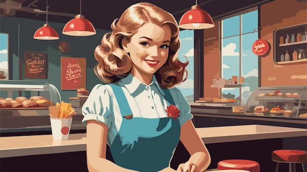 retro vintage background with an american woman and restaurant background