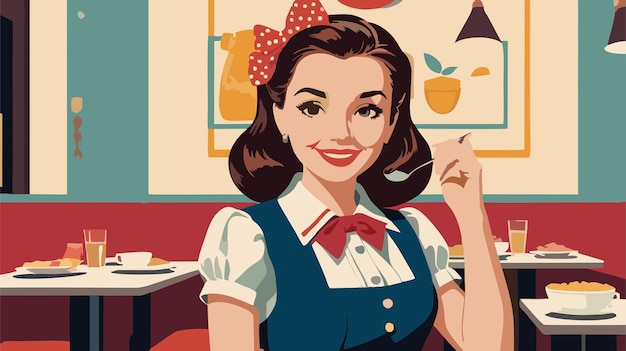 Vector retro vintage background with an american woman and restaurant