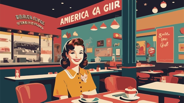 retro vintage background with an american woman and restaurant