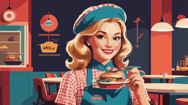 retro vintage background with an american woman and restaurant