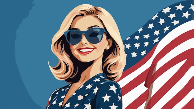 Vector retro vintage background with a woman wearing an american flag motif dress