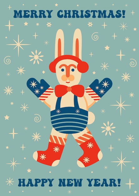 Retro vintage Christmas card with Rabbit Vector illustration