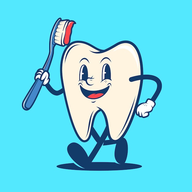 Retro vintage dental teeth holding toothbrush cartoon mascot logo illustration