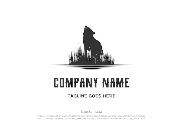 Retro Vintage Howling Wolf with Grass Savanna Logo Design Vector