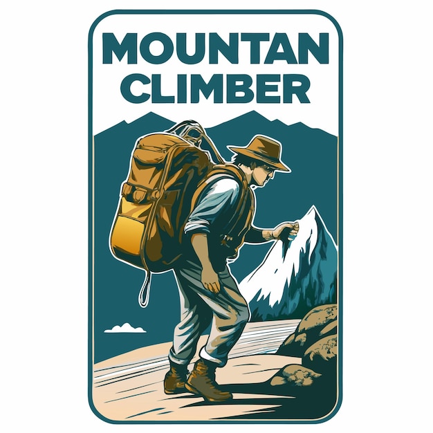 retro vintage illustration of mountain climber carrying camping bag on hill hand drawn illustration