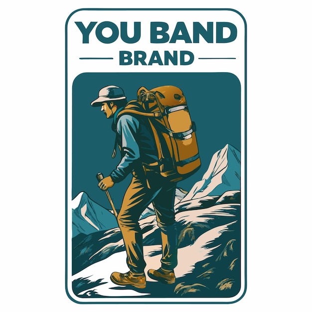 retro vintage illustration of mountain climber carrying camping bag on hill hand drawn illustration