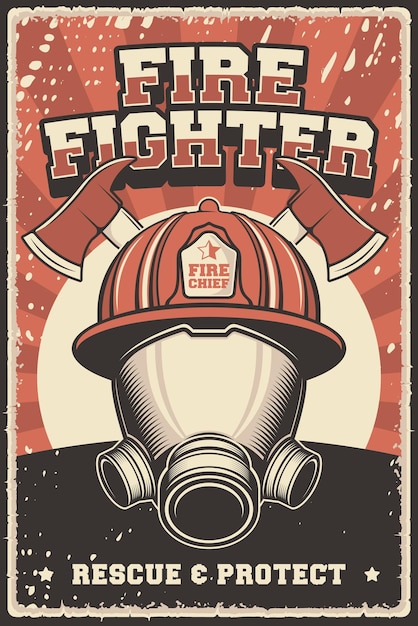 Retro vintage illustration vector graphic of firefighter fire department service fit for wood poster