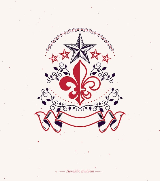 Retro vintage Insignia created with lily flower and pentagonal stars. Vector design element, organic natural product emblem, best quality design element.