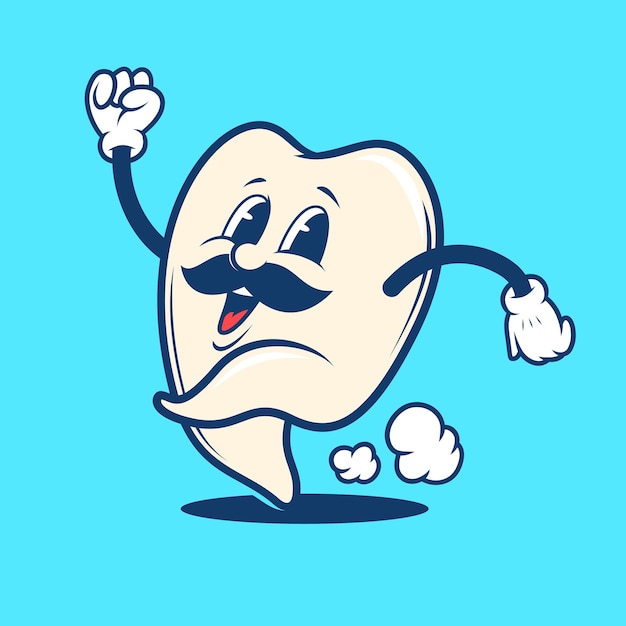 Retro vintage running dental teeth with moustache cartoon mascot logo illustration