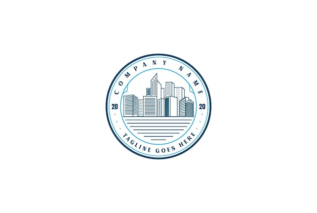 Retro Vintage Urban Skyline City Town Line Outline Logo Design Vector