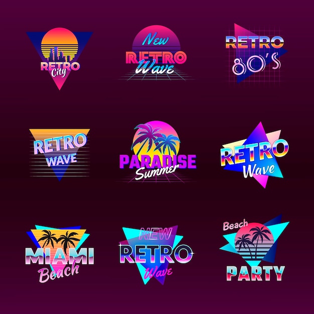 Vector retro wave badges cyberpunk california electro synth wave style logo recent vector retro templates with place for text illustration of tropical print typography palm california 80s