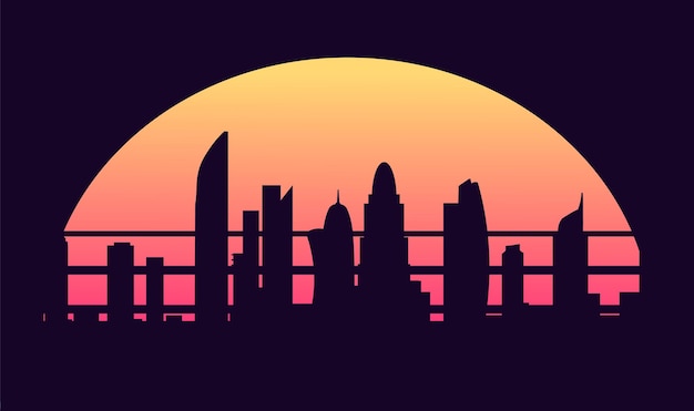 Retro wave cyberpunk night city 80s style illustration