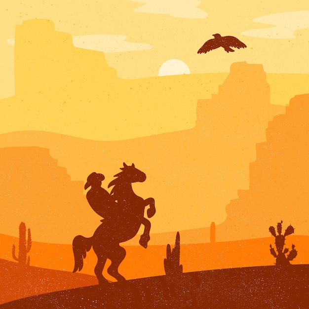 Vector retro wild west hero on galloping horse in desert