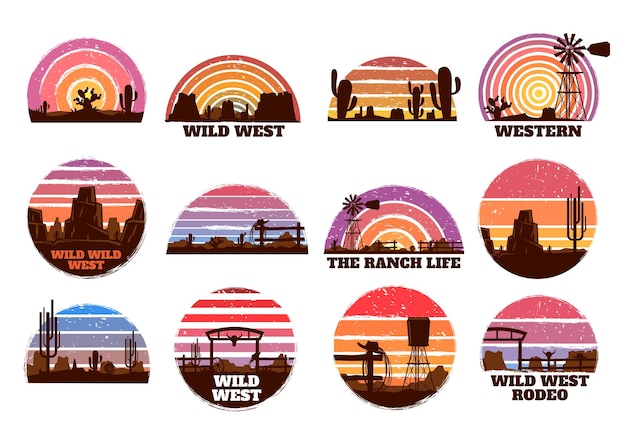 Retro wild west sunset Western ranch silhouette Texas nature morning landscape and desert with cactuses vector illustration set