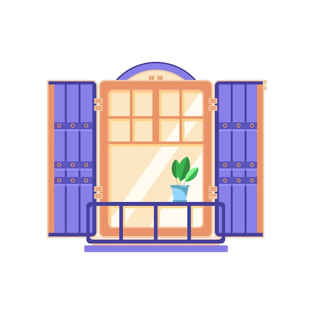 Retro wooden window with blue shutters architectural design element vector Illustration isolated on a white background