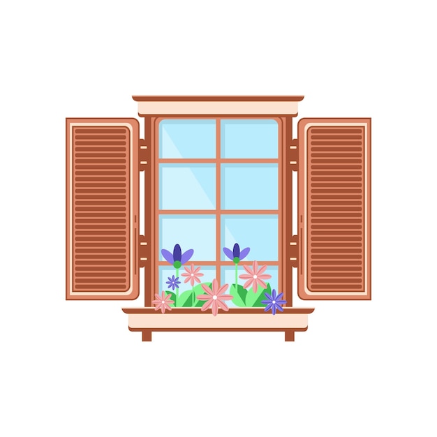 Retro wooden window with shutters and plants architectural design element vector Illustration isolated on a white background