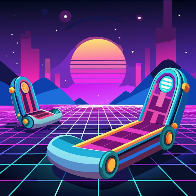 Vector retrofuturistic hoverboards with neon lights in a spacelike environment with floating neon