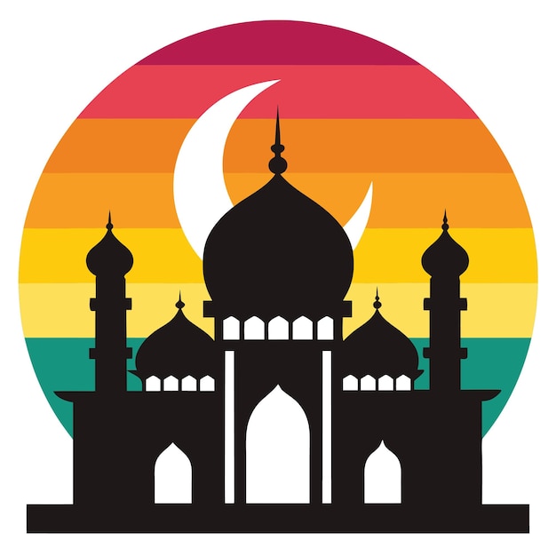 RetroInspired Mosque Silhouette with Vibrant Colors Printable Graphic Design