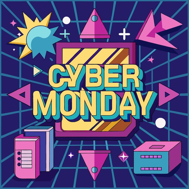 Vector retrostyle illustration of quotcyber mondayquot with geometric shapes a grid pattern and a digital cassette tape