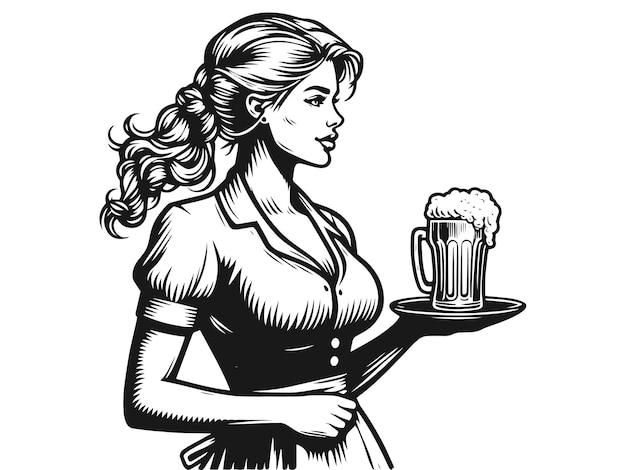 Vector retrostyle illustration of a woman holding two glasses of beer vector generative ai