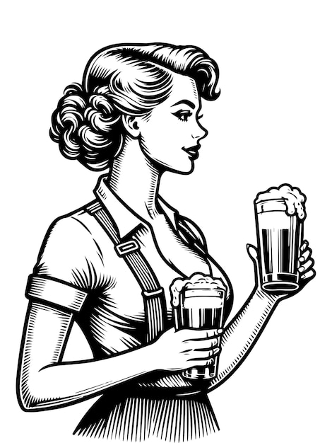 Retrostyle illustration of a woman holding two glasses of beer vector generative ai