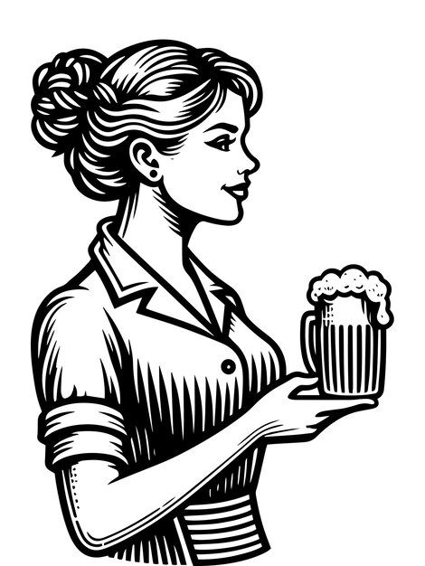 Vector retrostyle illustration of a woman holding two glasses of beer vector generative ai