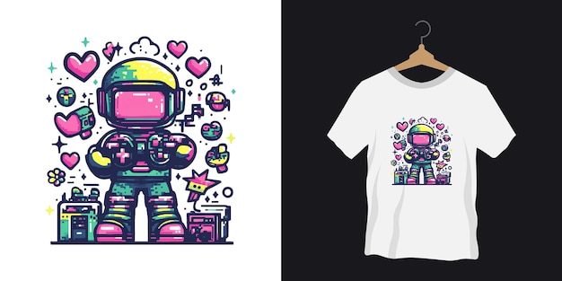 A retrostyle pixel art character holding a controller tshirt design