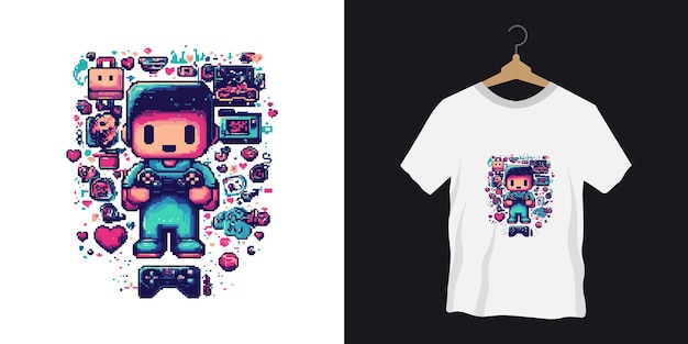 A retrostyle pixel art character holding a controller tshirt design