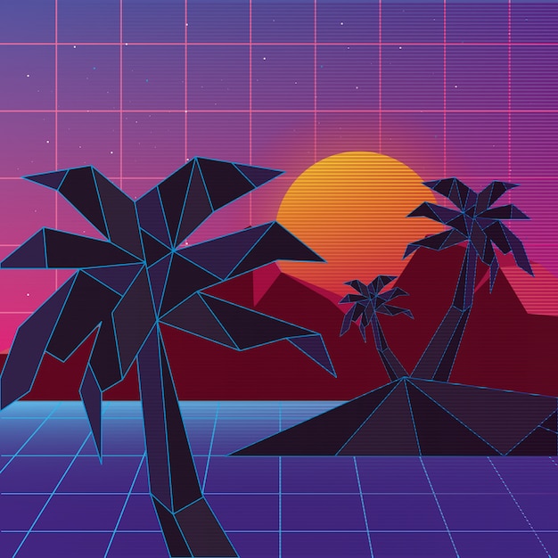 Retrowave of island with palms 