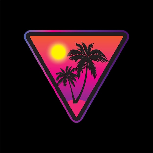 Vector retrowave triangular badge with tropical palm trees and sunset