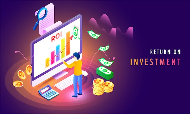 Return on investment (ROI) isometric background.