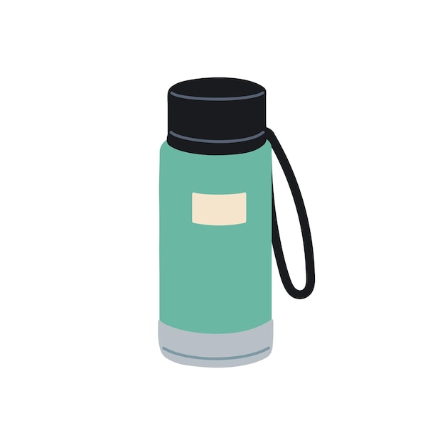 Reusable recycled sports water bottle Plastic drink container closed with cap lid and string loop Eco travel package Flat vector illustration isolated on white background