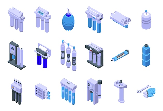 Reverse osmosis system icons set isometric vector Aqua filter