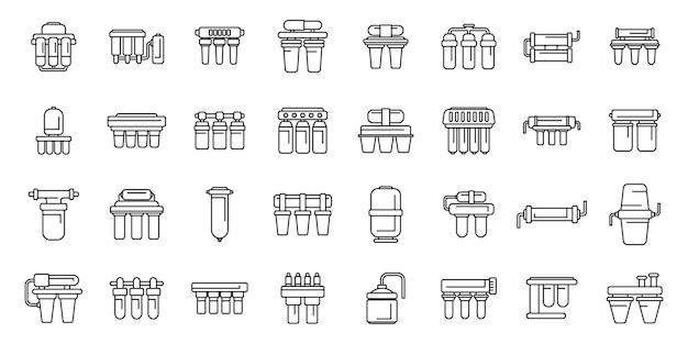 Reverse osmosis system icons set outline vector Aqua filter