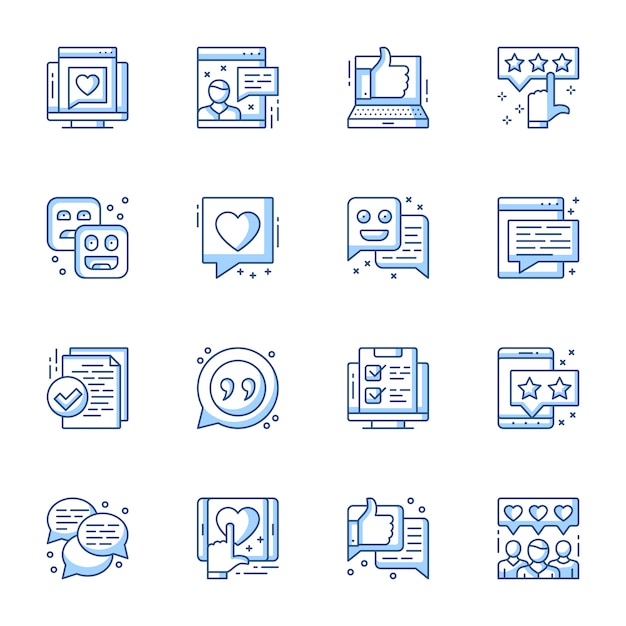 Review, user satisfaction linear vector icons set.