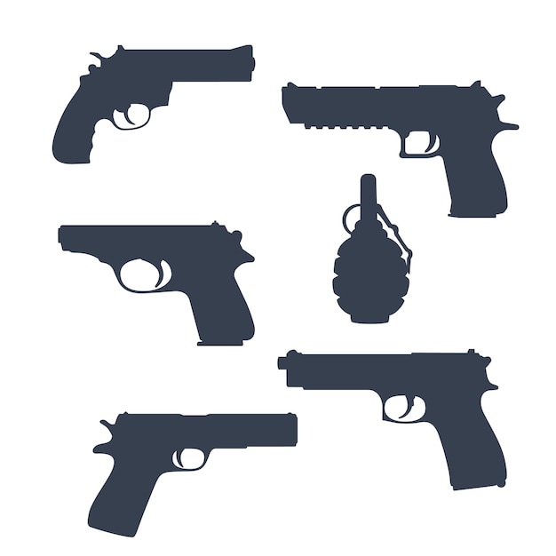 Revolver, pistols, gun, handguns, grenade silhouettes isolated on white