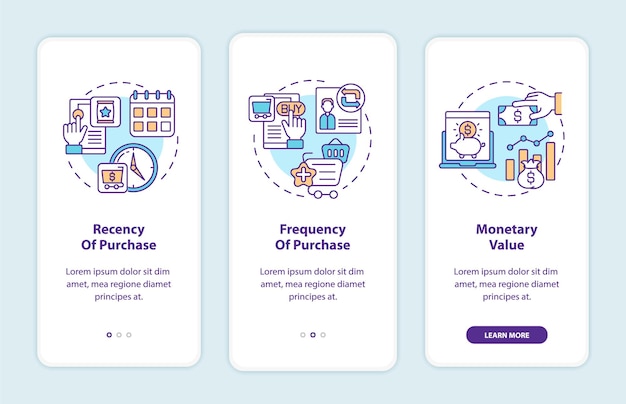 RFM model analysis onboarding mobile app page screen with concepts