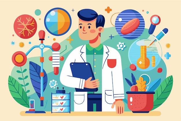 A rheumatology expert stands confidently in a colorful lab surrounded by scientific tools and visuals Customizable illustration for rheumatology