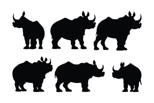 Rhino full body silhouette collection Wild peaceful rhino silhouette bundle design Herbivorous rhino standing silhouette on a white background Dangerous rhinoceros standing in different positions