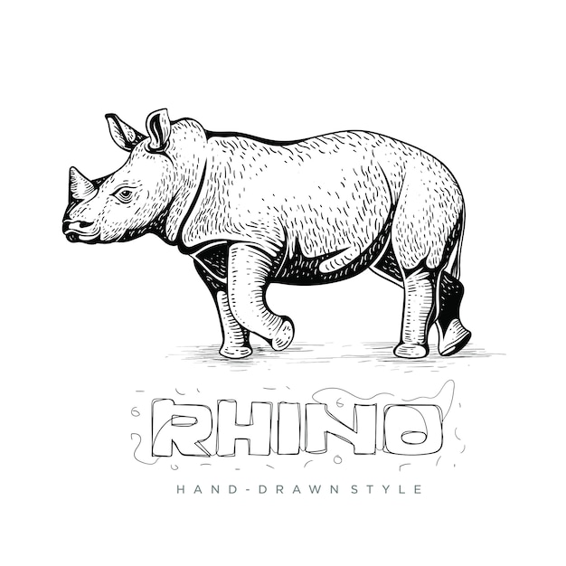 Rhino side view, animal illustration in hand drawing