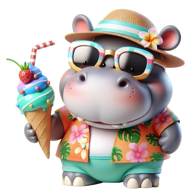 a rhino wearing a hat and sunglasses holds an ice cream cone