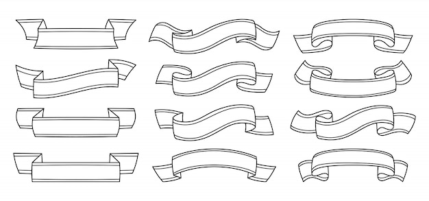 Ribbon outline set. Decorative icons, tape blank flat collection. Modern monochrome design, linear ribbons sign cartoon style. Web icon kit of text banner. Isolated  illustration