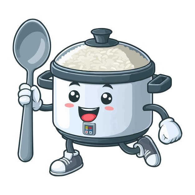 Vector rice cooker happy and jump handling spoon cartoon character vector