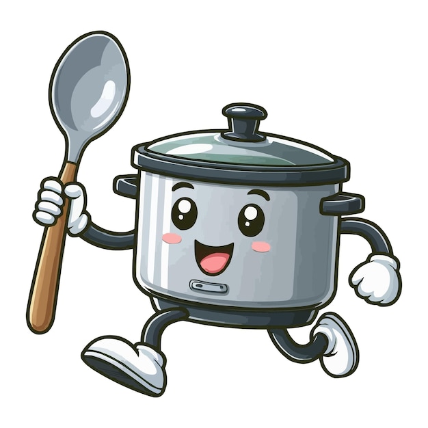 Vector rice cooker happy and jump handling spoon cartoon character vector