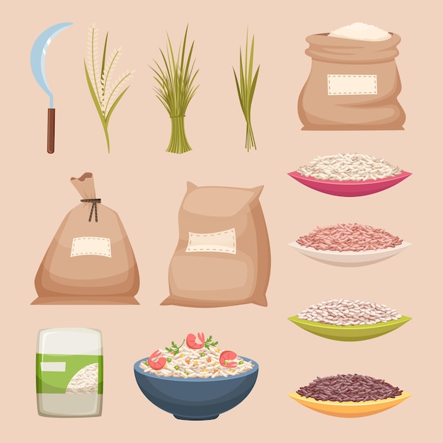 Vector rice grained. storage sacks rice products grained agricultural food vector illustrations in cartoon style. rice product, food storage grain in bag burlap